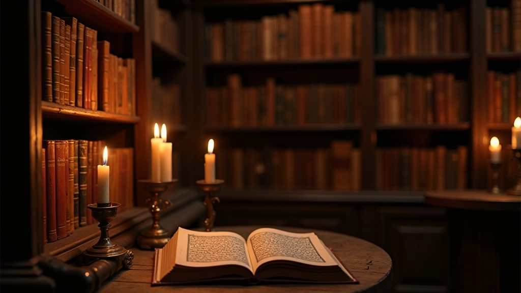 Antica biblioteca con manoscritti arabi e libri medievali su scaffali di legno scuro