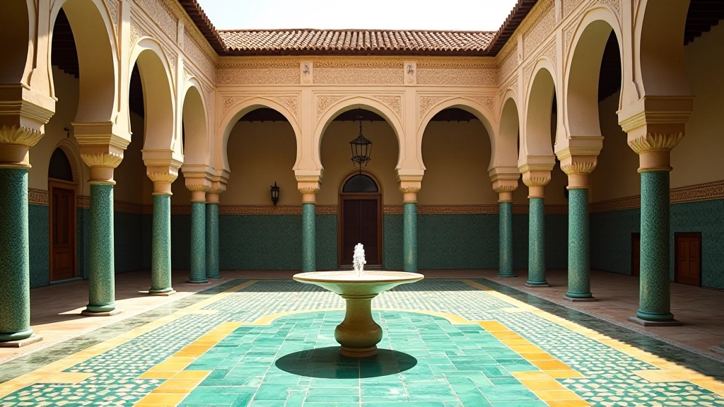 Cortile interno di palazzo arabo con archi a ferro di cavallo, piastrelle geometriche colorate e fontana centrale