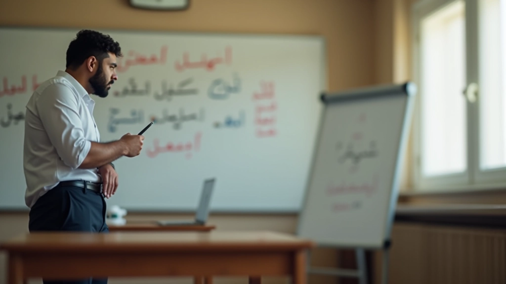 Insegnante che spiega la grammatica araba usando una lavagna con esempi pratici