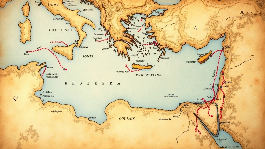Mappa storica del Mediterraneo medievale con rotte commerciali evidenziate in rosso e porti principali marcati