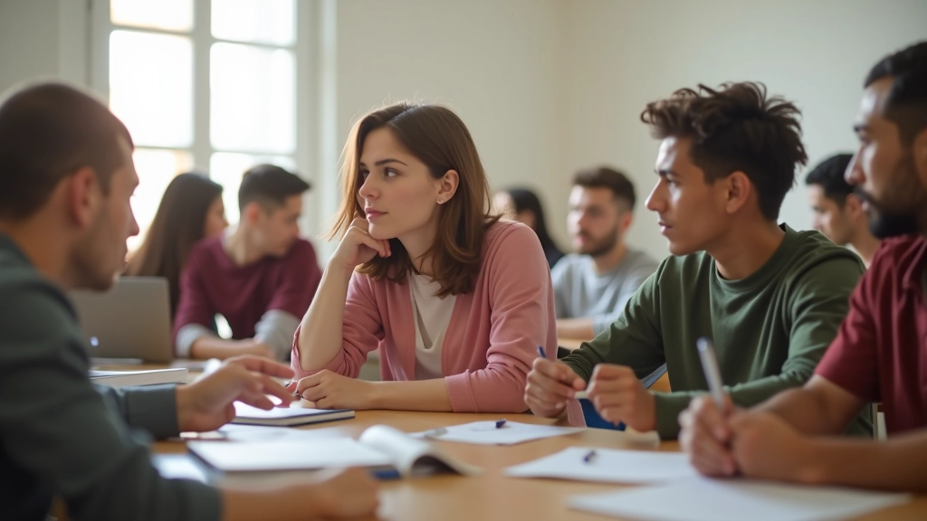 Aula moderna con studenti che imparano l'arabo insieme durante una lezione interattiva