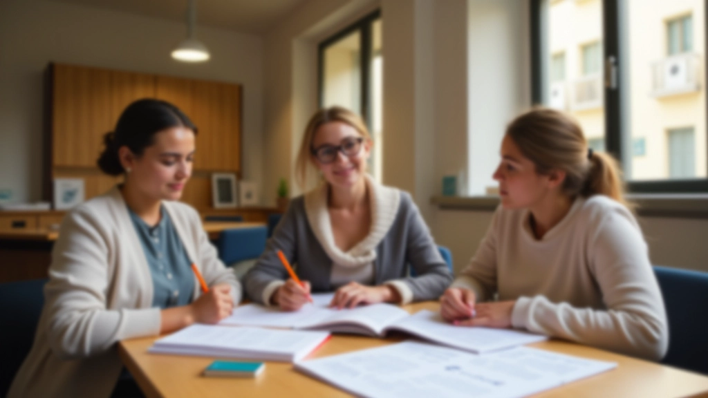 Aula moderna con studenti che imparano arabo, atmosfera calda e accogliente, libri e materiali didattici arabi