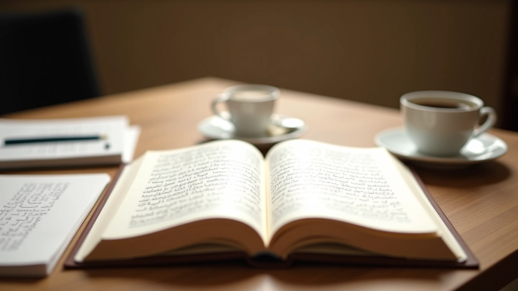 Tavolo con libro di arabo aperto, penna e caffè al mattino