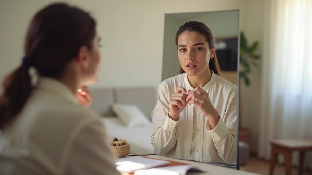 Persona che pratica la pronuncia araba davanti a uno specchio in uno studio tranquillo