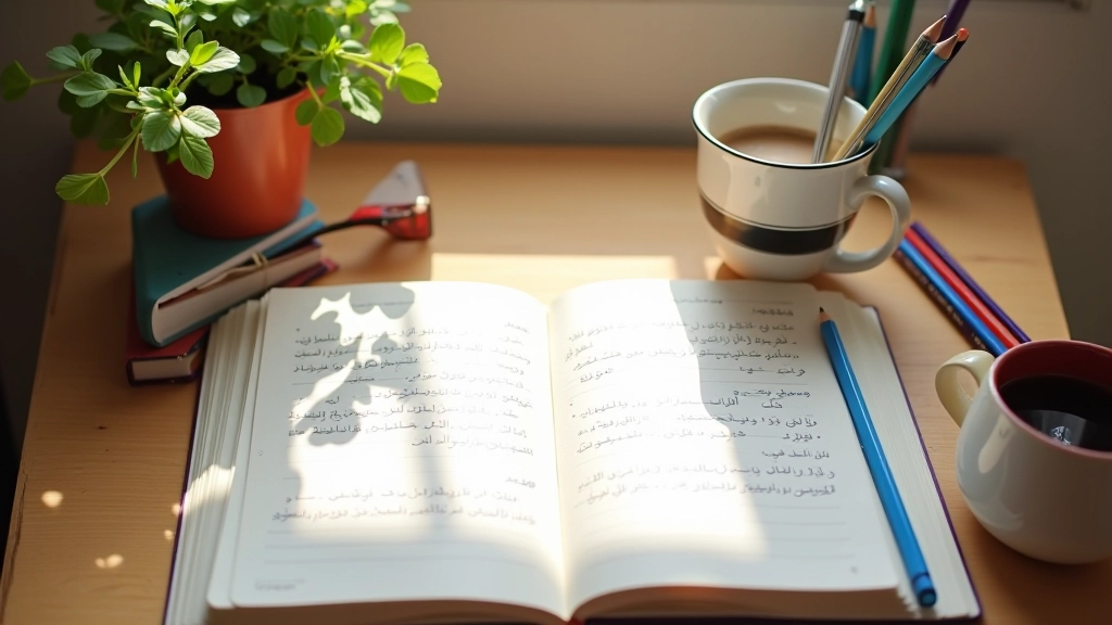 Tavolo di studio con libri di arabo, quaderni, matite colorate e caffè caldo, illuminazione naturale da finestra