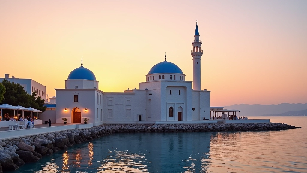 Moschea blu illuminata al tramonto sulle sponde del Mediterraneo