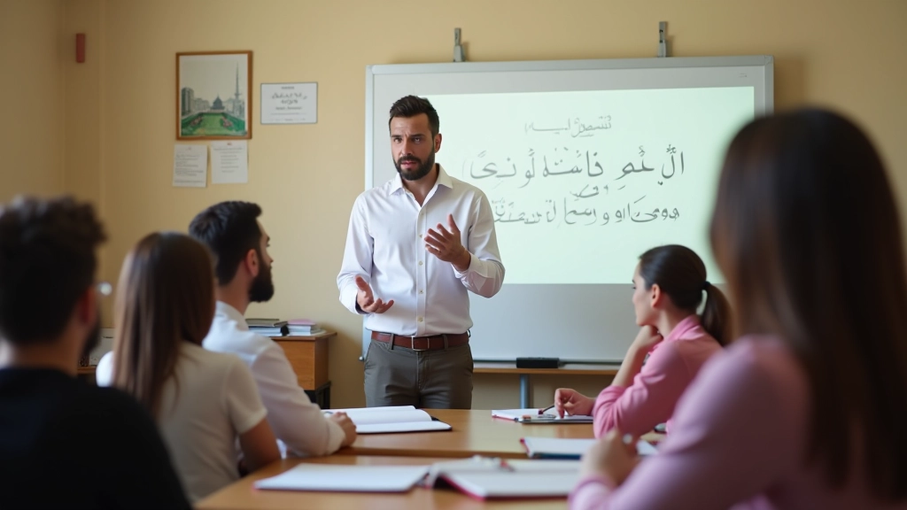 Insegnante che spiega l'alfabeto arabo ai studenti, materiali didattici sulla lavagna, libri arabi e notebook