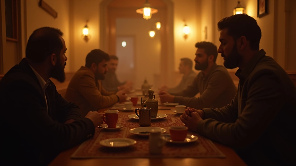 Interno di un caffè tradizionale arabo con tazze e persone che conversano