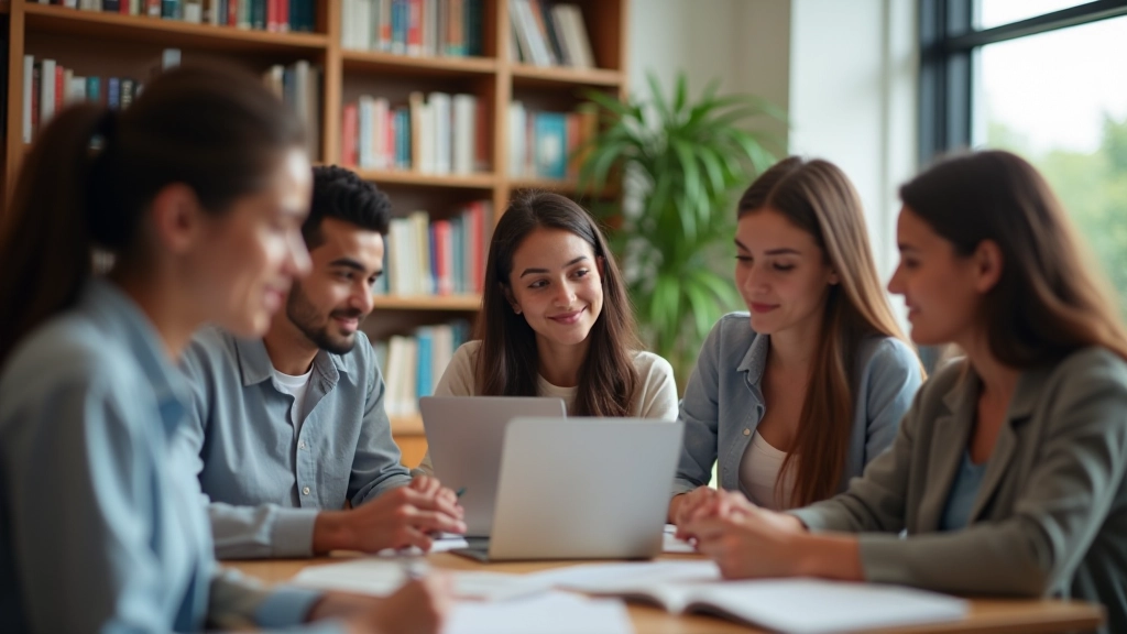 Giovani studenti in biblioteca moderna che studiano insieme da libri e computer portatili, ambiente luminoso e internazionale